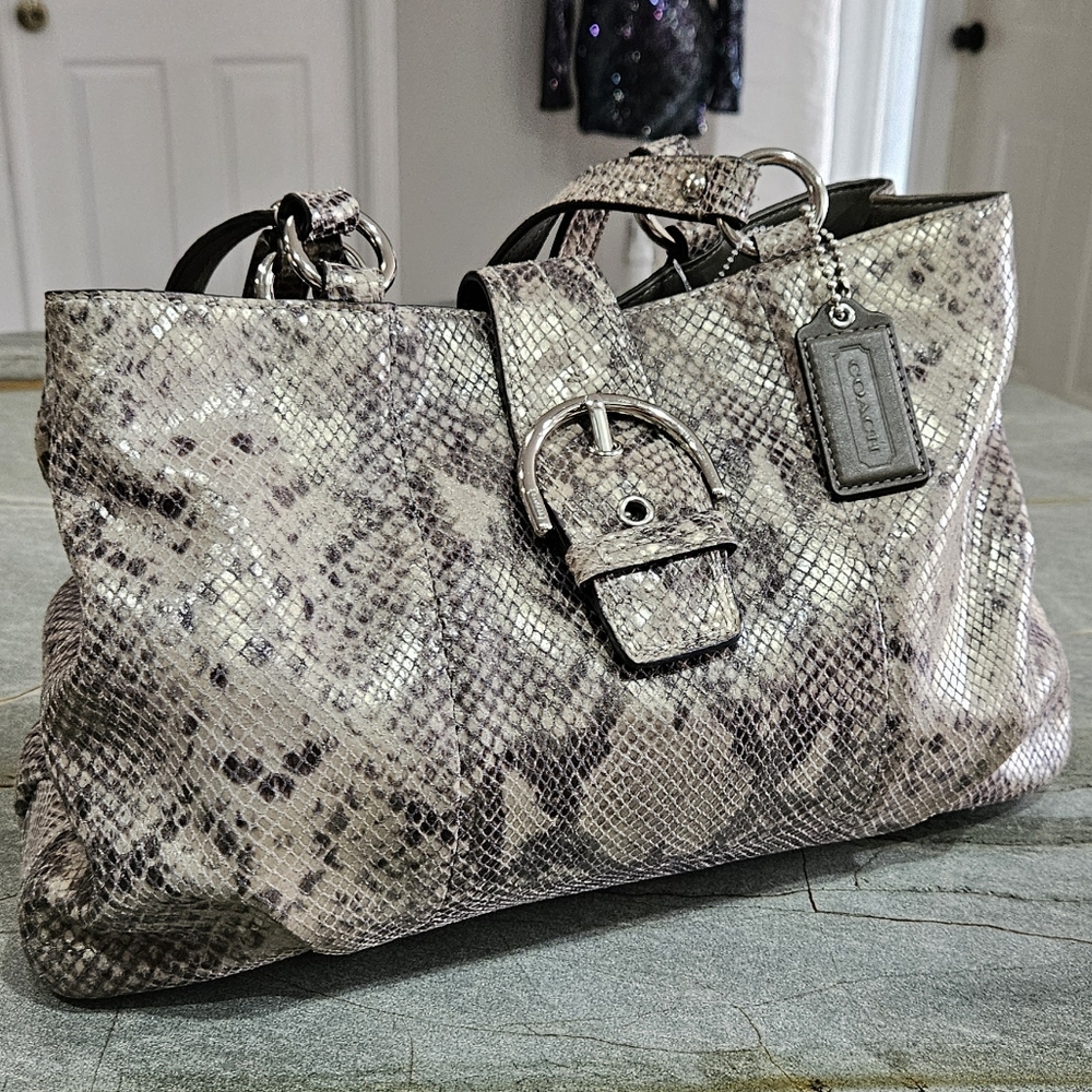 Coach Snakeskin Embossed Leather Shoulder Tote Buckle Detail